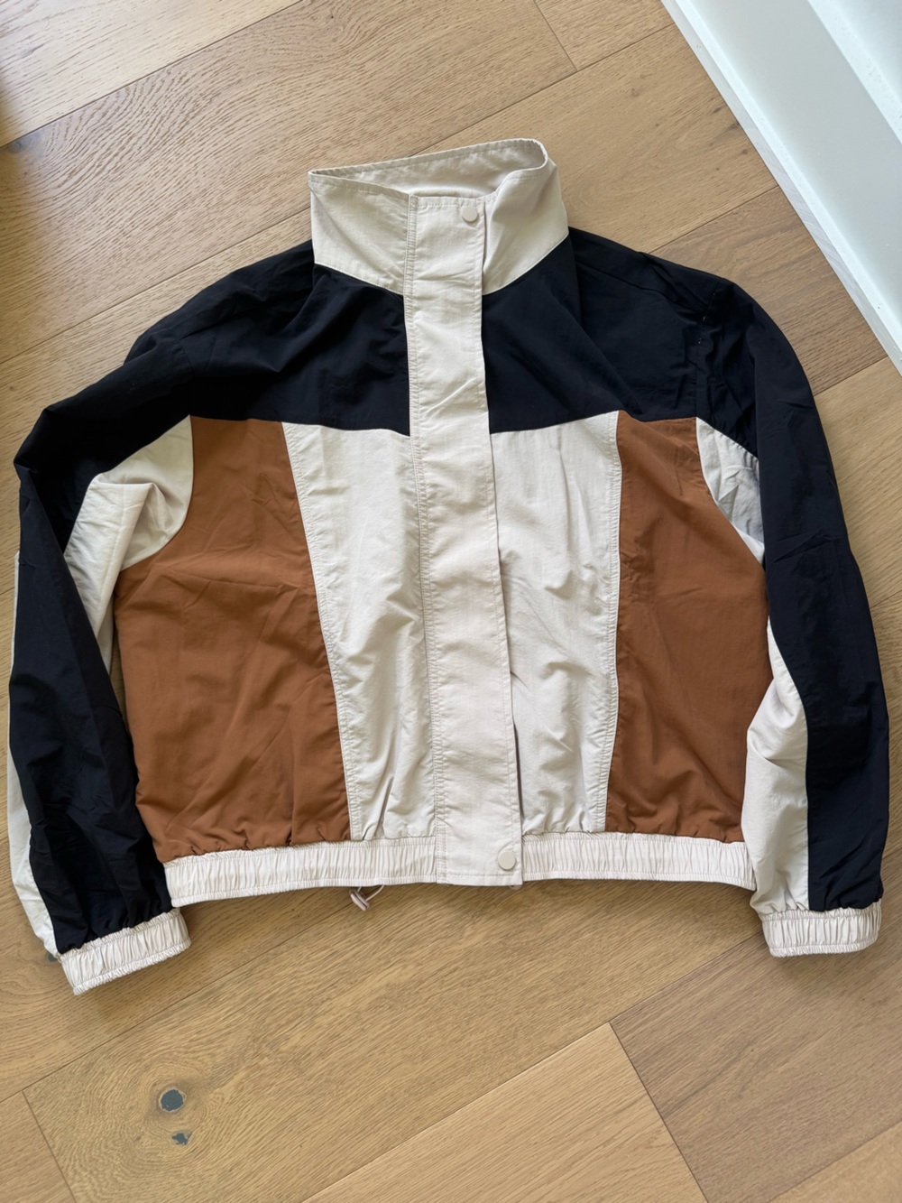 Boutique Colorblock Windbreaker Jacket in Black, Cream & Brown